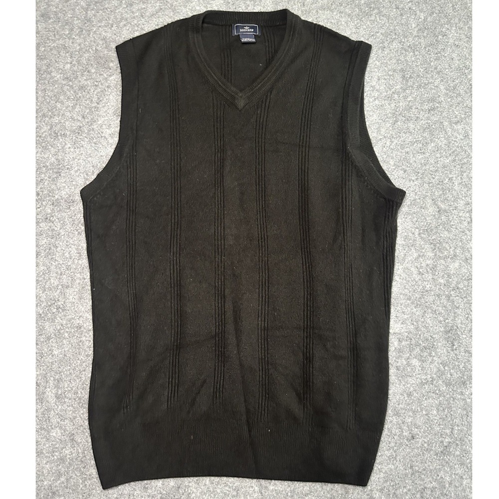 Dockers V-Neck Sweater Vest Large Black Ribbed Acrylic Knit